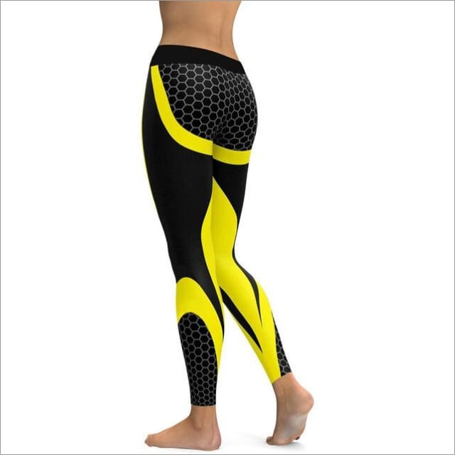 Hayoha Mesh Pattern Print Leggings fitness Leggings For Women Sporting Workout Leggins Elastic Slim Black White Pants - YELLOW / L